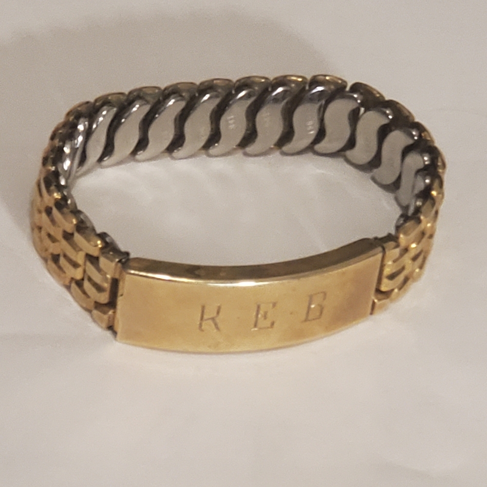 Speidel engraved Gold Tone Expandable Bracelet. Says REB" hidden picture inside.